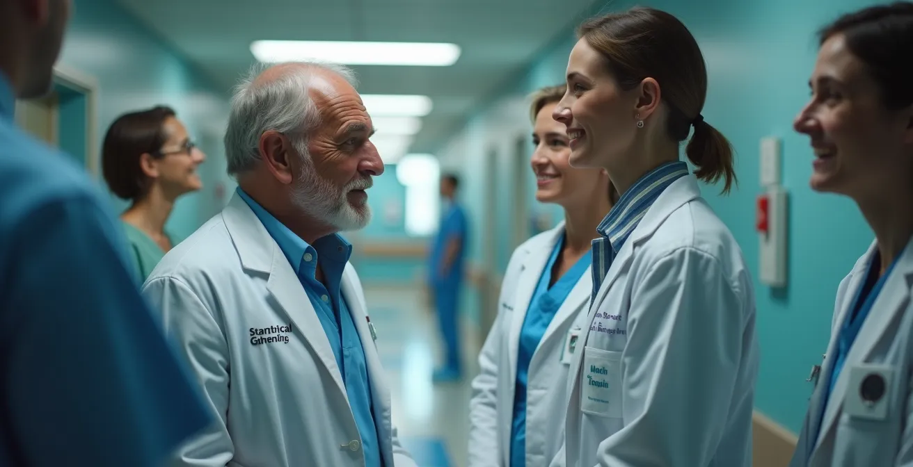 Un professionnel expérimenté entouré de jeunes collègues dans une unité hospitalière, illustrant la transmission du savoir-faire.