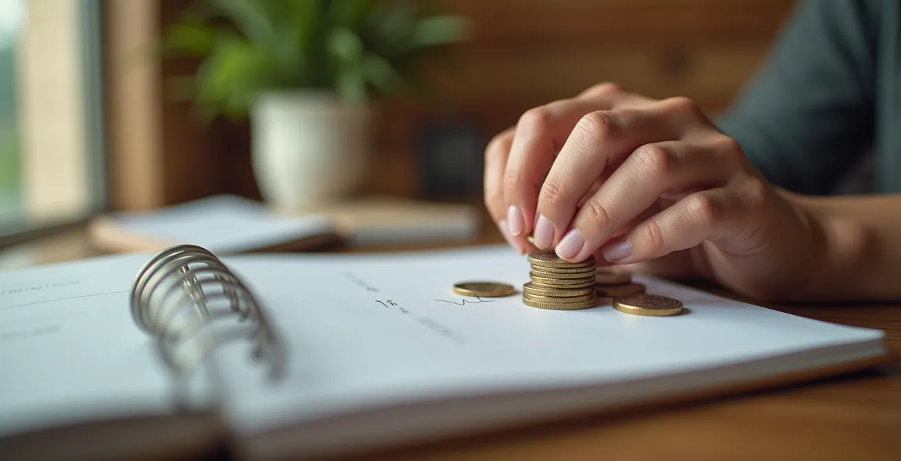 Des mains posées sur une table avec des pièces et un carnet ouvert, illustrant la planification d’un budget pour la reconversion.