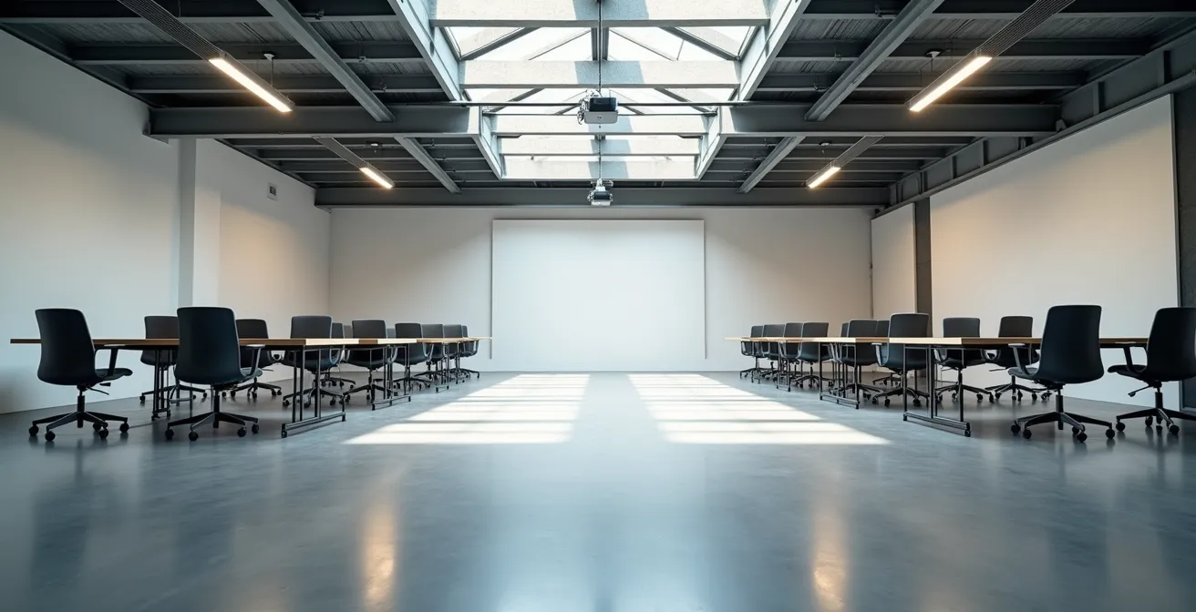 Espace de formation moderne avec zones de pratique et collaboration