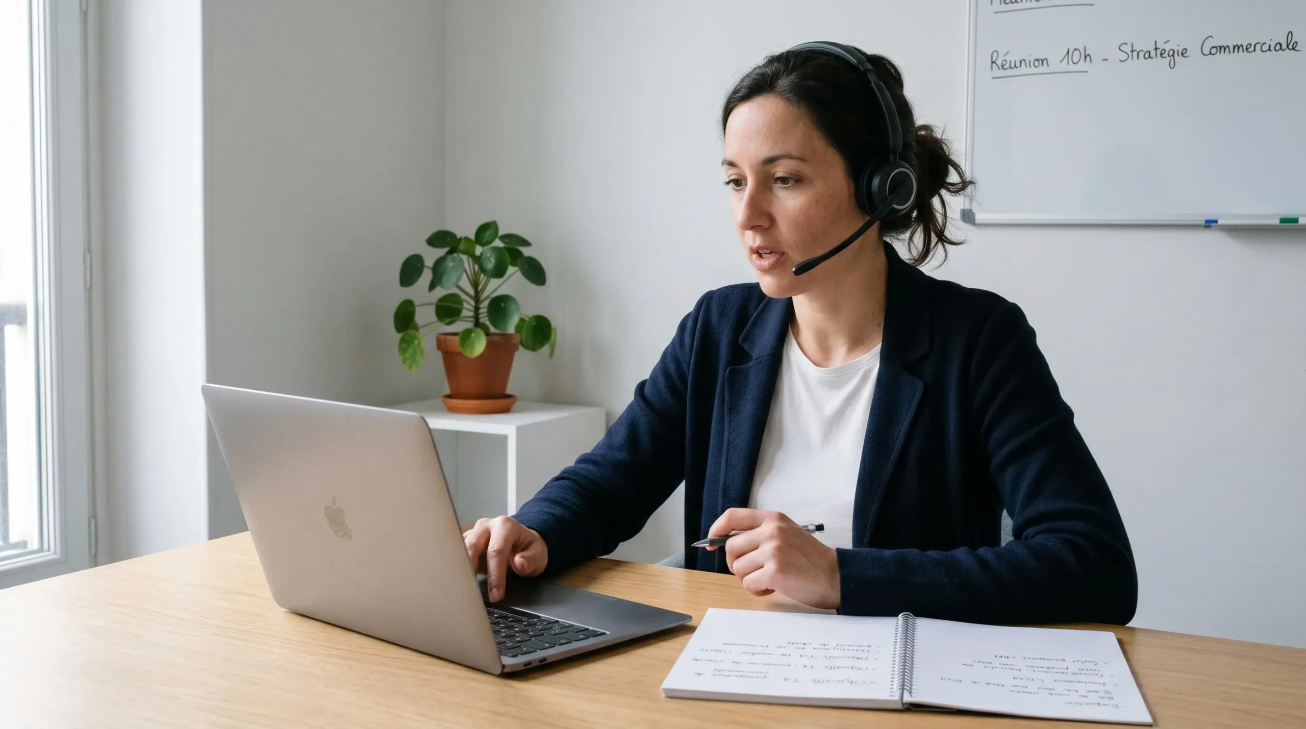 Apprenante en closing passant un appel commercial de vente avec casque audio et micro, regard concentré sur son écran d'ordinateur portable, carnet de notes ouvert à côté d'elle, dans un bureau moderne lumineux