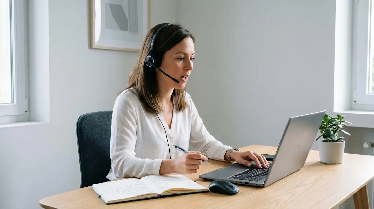 Apprenante en closing passant un appel commercial de vente avec casque audio et micro, regard concentré sur son écran d'ordinateur portable, carnet de notes ouvert à côté d'elle, dans un bureau moderne lumineux