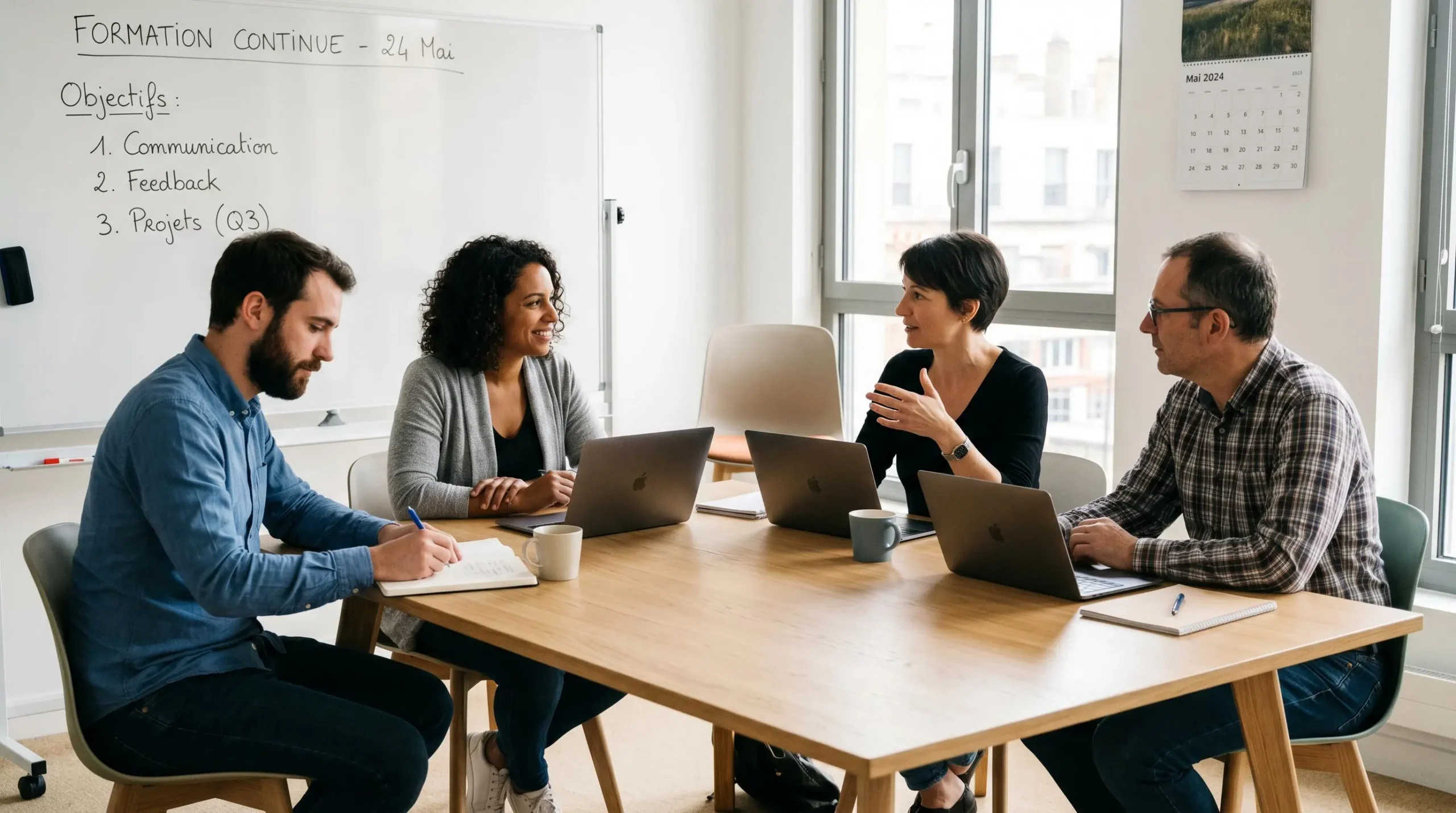 Petit groupe de trois apprenants en closing de profils variés réunis autour d'une table moderne avec leur formatrice pour une session de debriefing collaboratif, ordinateurs portables et carnets de notes ouverts, dans une salle de formation lumineuse avec tableau blanc en arrière-plan