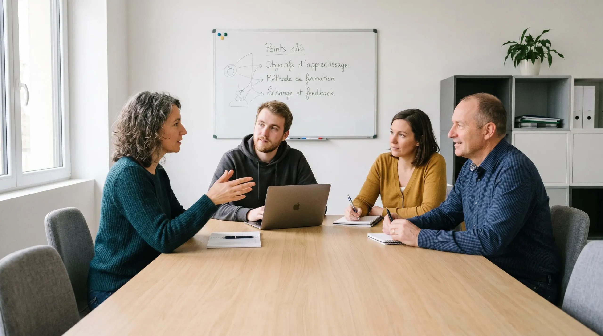 Petit groupe de trois apprenants en closing de profils variés réunis autour d'une table moderne avec leur formatrice pour une session de debriefing collaboratif, ordinateurs portables et carnets de notes ouverts, dans une salle de formation lumineuse avec tableau blanc en arrière-plan