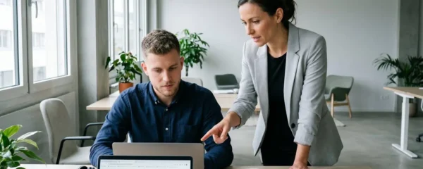 Session de coaching individuel pour la formation au closing : un formateur debout accompagne un apprenant assis devant son ordinateur portable, casque audio posé à côté, dans un espace de formation lumineux et moderne avec murs clairs et plantes vertes en arrière-plan