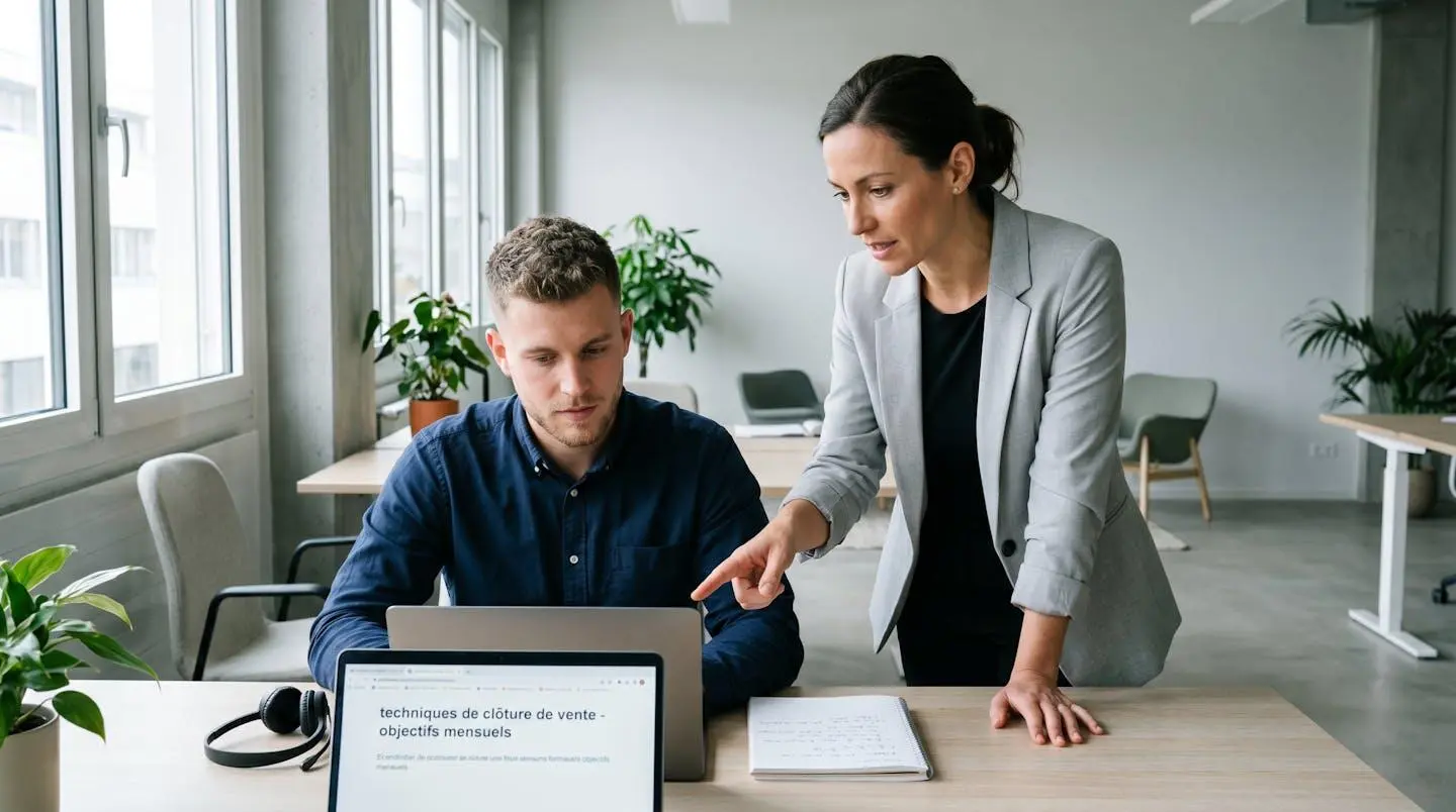 Session de coaching individuel pour la formation au closing : un formateur debout accompagne un apprenant assis devant son ordinateur portable, casque audio posé à côté, dans un espace de formation lumineux et moderne avec murs clairs et plantes vertes en arrière-plan