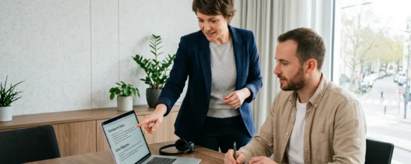Session de coaching individuel pour la formation au closing : un formateur debout accompagne un apprenant assis devant son ordinateur portable, casque audio posé à côté, dans un espace de formation lumineux et moderne avec murs clairs et plantes vertes en arrière-plan