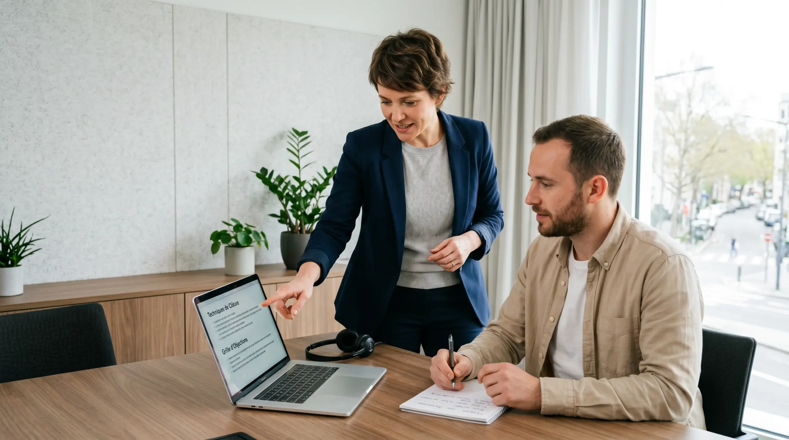 Session de coaching individuel pour la formation au closing : un formateur debout accompagne un apprenant assis devant son ordinateur portable, casque audio posé à côté, dans un espace de formation lumineux et moderne avec murs clairs et plantes vertes en arrière-plan